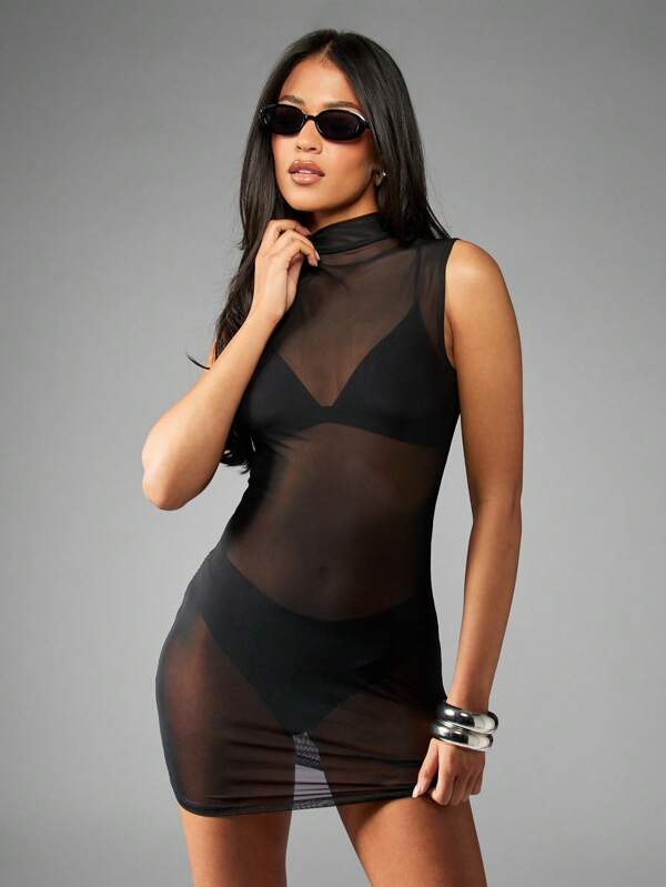 MISSGUIDED High Neck Sleeveless Mesh Bodycon See Through Mini Dress