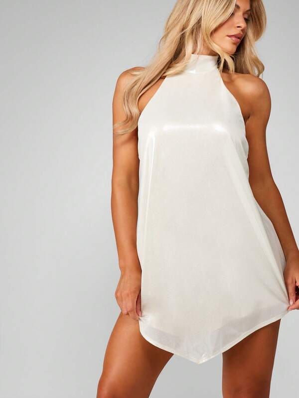MISSGUIDED High Neck Sparkle Mini Dress With Asymmetrical Hem