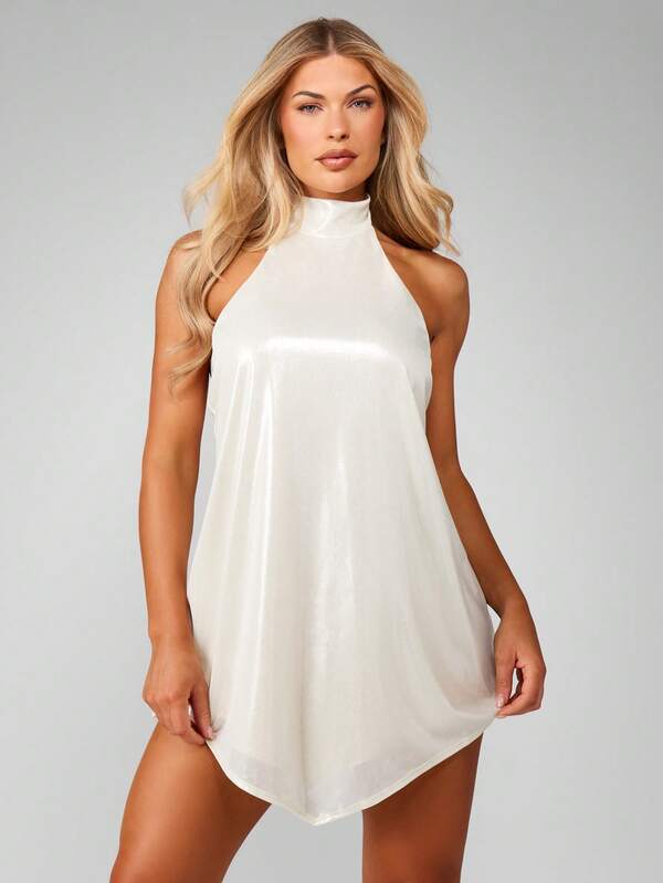 MISSGUIDED High Neck Sparkle Mini Dress With Asymmetrical Hem