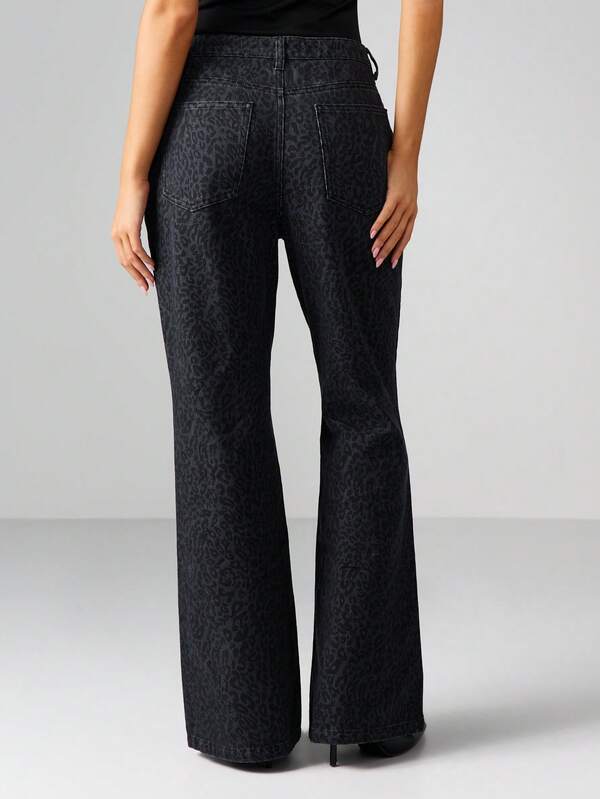MISSGUIDED High Rise Flared Leopard Print Jeans