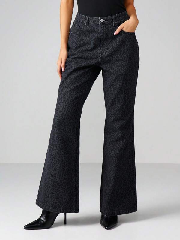 MISSGUIDED High Rise Flared Leopard Print Jeans