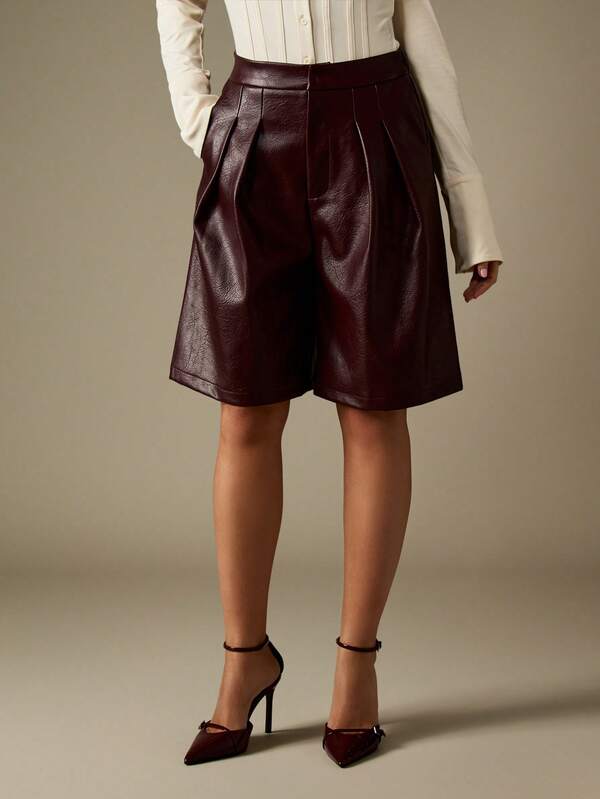 MISSGUIDED High Rise Pleated Faux Leather Bermuda Shorts