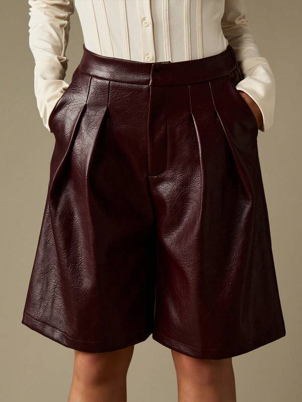 MISSGUIDED High Rise Pleated Faux Leather Bermuda Shorts