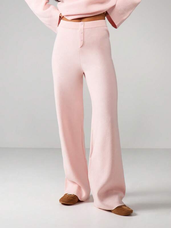MISSGUIDED High Rise Ribbed Knit Pants With Button Detail