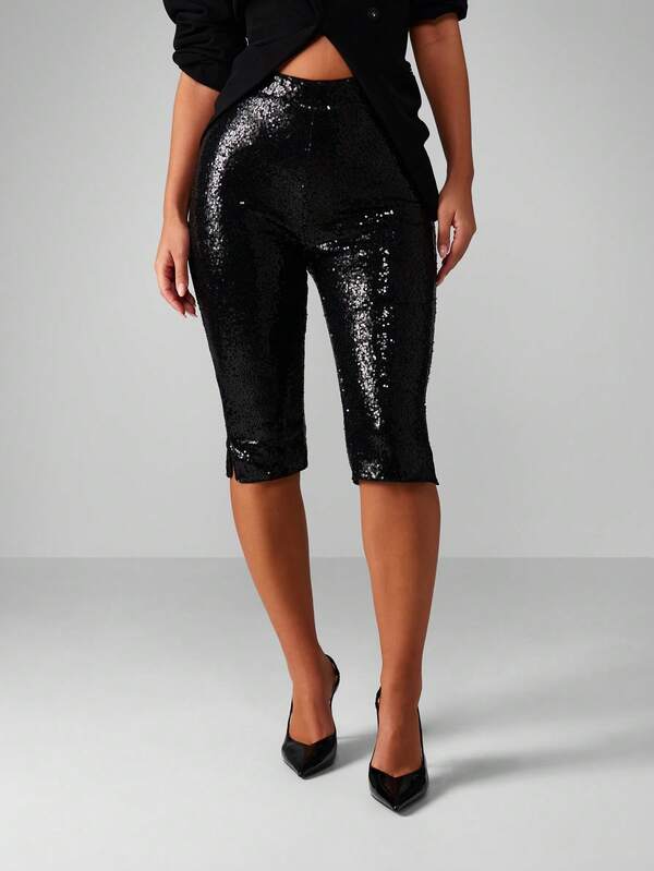 MISSGUIDED High Rise Sequin Capri Pants With Side Split