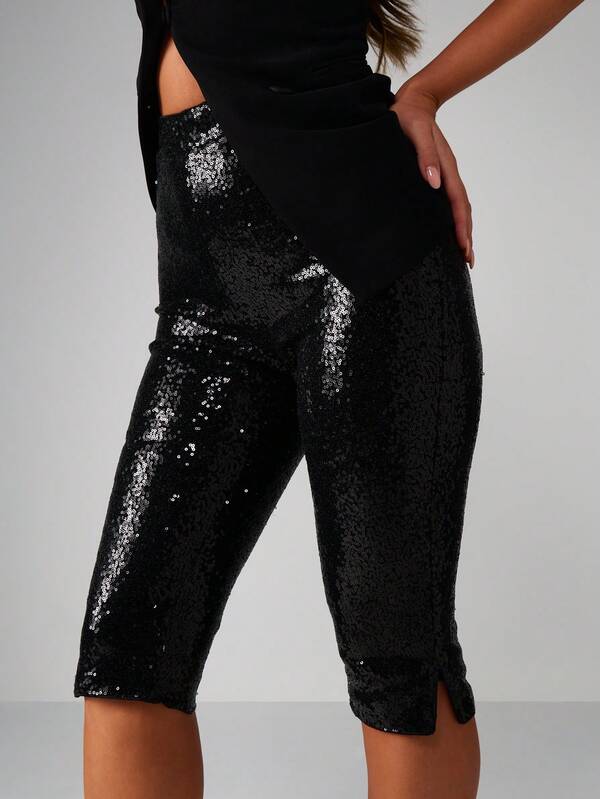 MISSGUIDED High Rise Sequin Capri Pants With Side Split