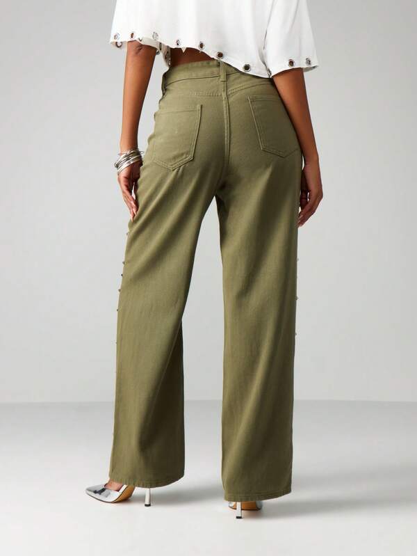 MISSGUIDED High Rise Studded Wide Leg Jeans