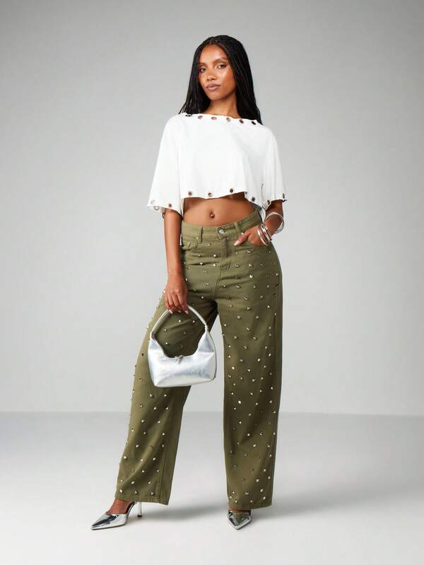 MISSGUIDED High Rise Studded Wide Leg Jeans