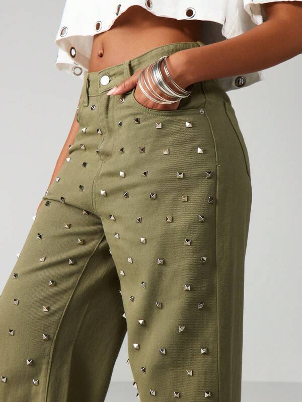 MISSGUIDED High Rise Studded Wide Leg Jeans