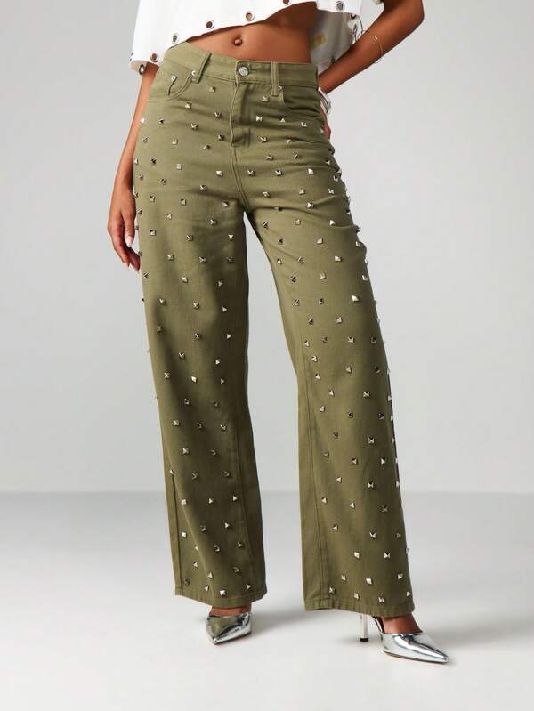 MISSGUIDED High Rise Studded Wide Leg Jeans