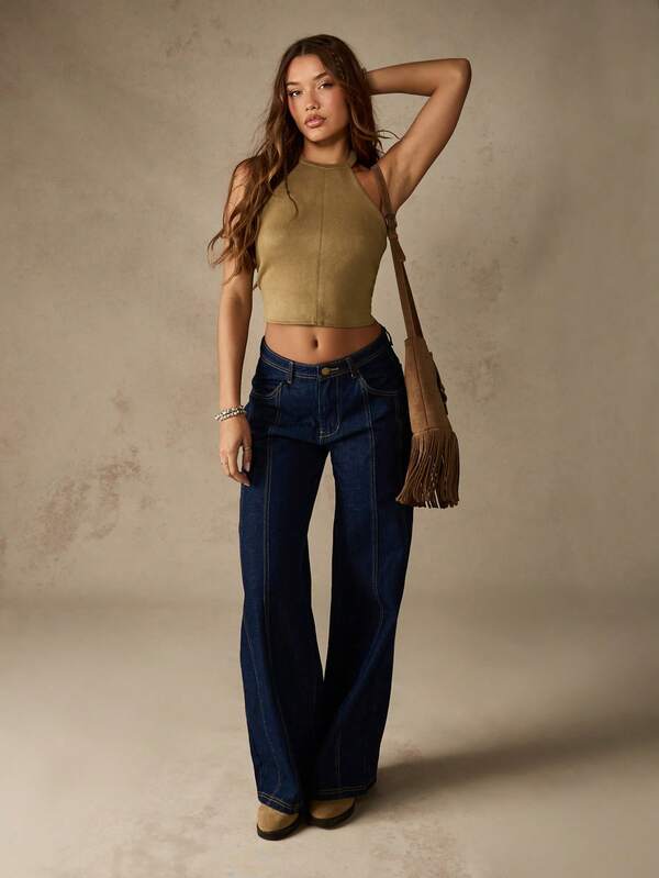 MISSGUIDED High Rise Wide Leg Denim Jeans With Contrast Stitching