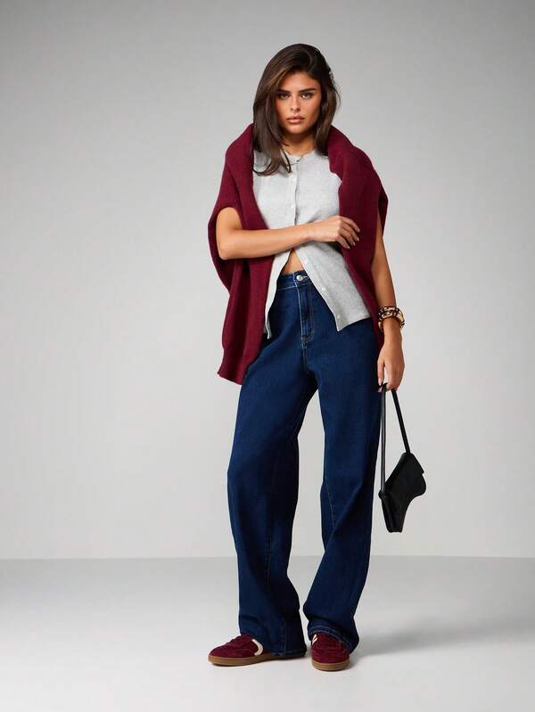 MISSGUIDED High Rise Wide Leg Denim Jeans With Contrast Stitching