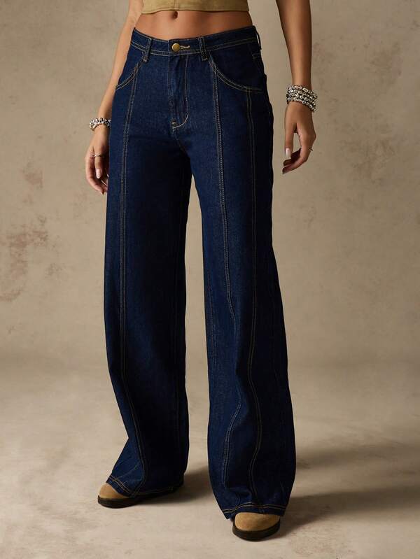 MISSGUIDED High Rise Wide Leg Denim Jeans With Contrast Stitching