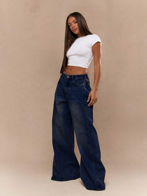 MISSGUIDED High Rise Wide Leg Denim Pants With Vintage Wash