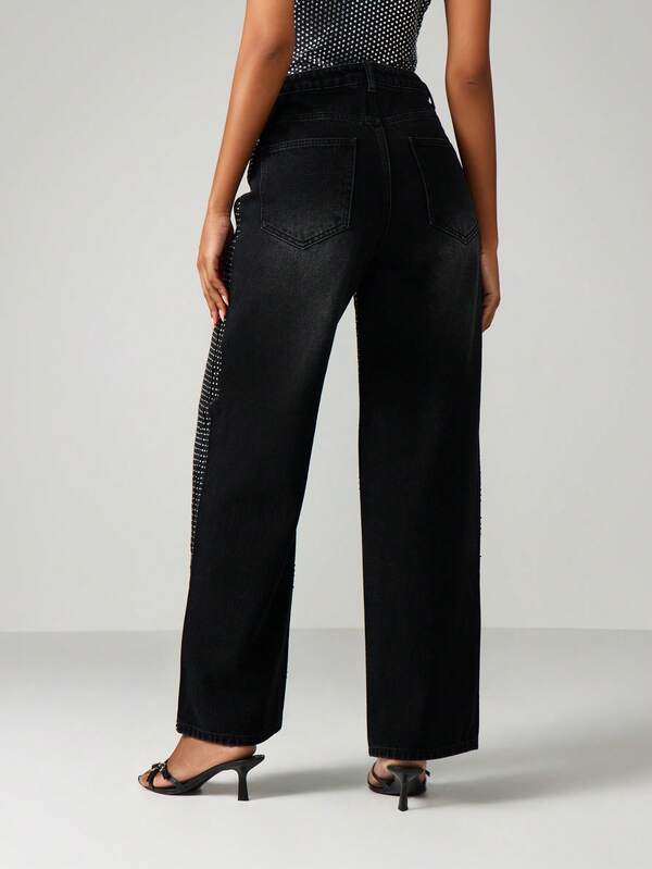 MISSGUIDED High Rise Wide Leg Diamante Jeans