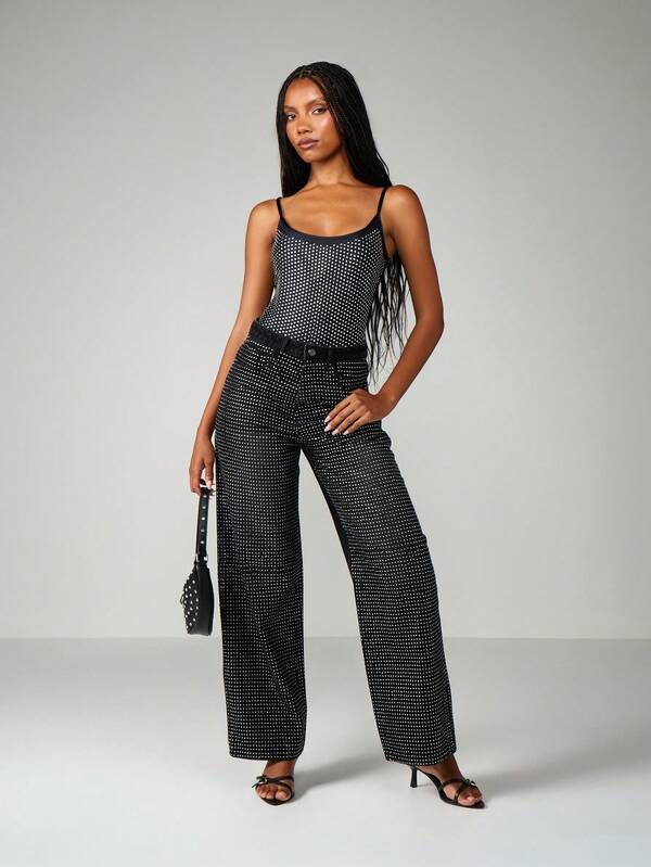 MISSGUIDED High Rise Wide Leg Diamante Jeans