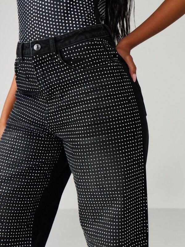 MISSGUIDED High Rise Wide Leg Diamante Jeans