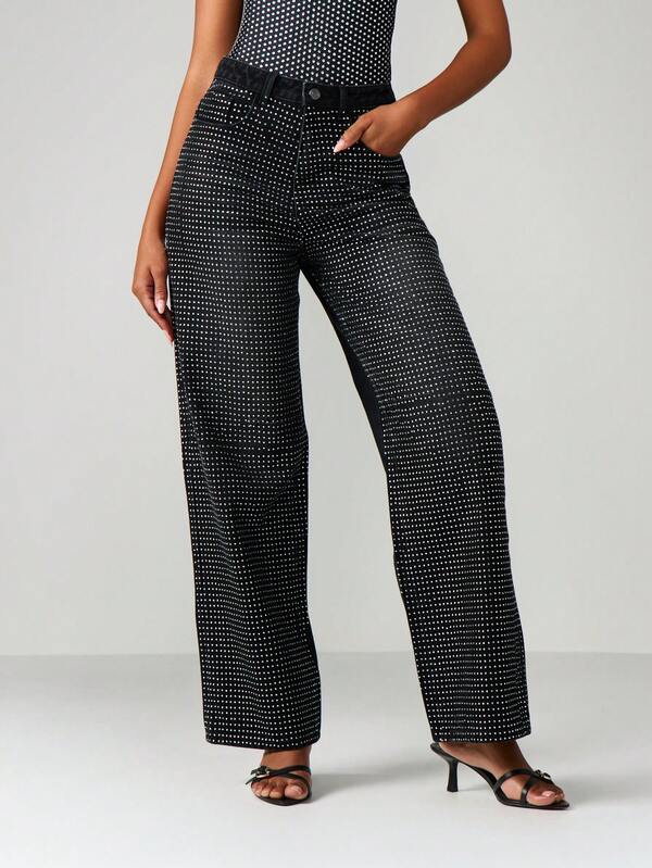 MISSGUIDED High Rise Wide Leg Diamante Jeans