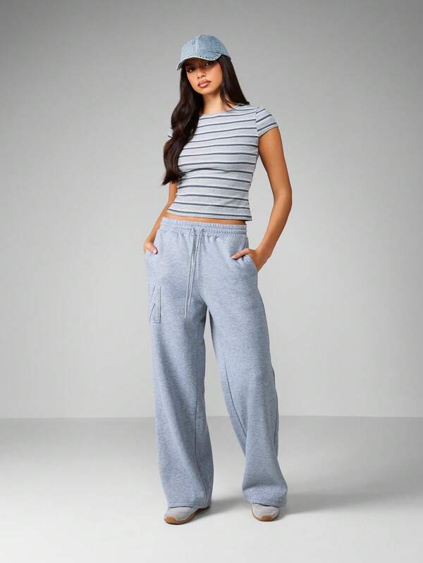 MISSGUIDED High Rise Wide Leg Joggers With Embossed Logo
