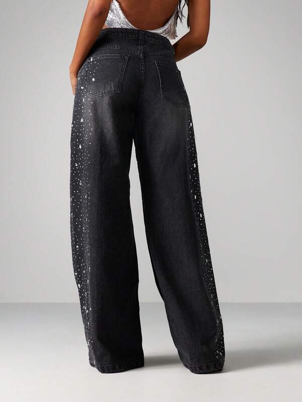 MISSGUIDED High Rise Wide Leg Sparkle Jeans