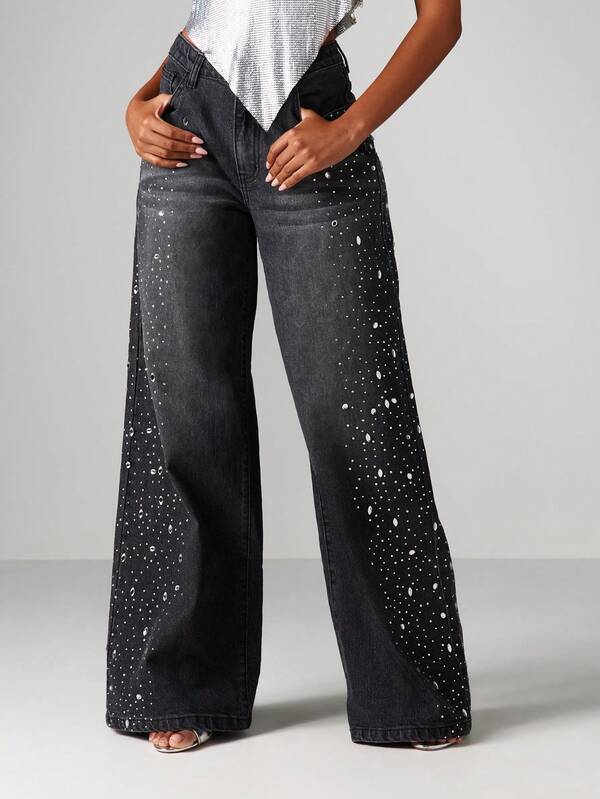 MISSGUIDED High Rise Wide Leg Sparkle Jeans