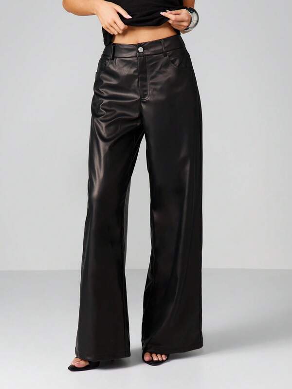 MISSGUIDED High Waist Faux Leather Wide Leg Pants