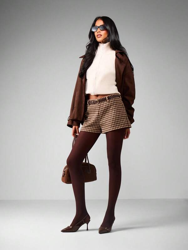 MISSGUIDED High Waisted Houndstooth Belted Mini Shorts