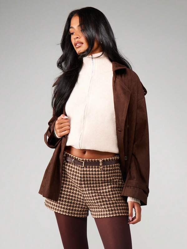 MISSGUIDED High Waisted Houndstooth Belted Mini Shorts