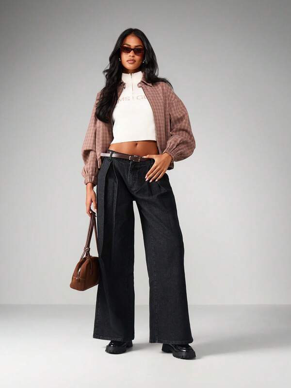 MISSGUIDED High Waisted Pleated Wide Leg Jeans