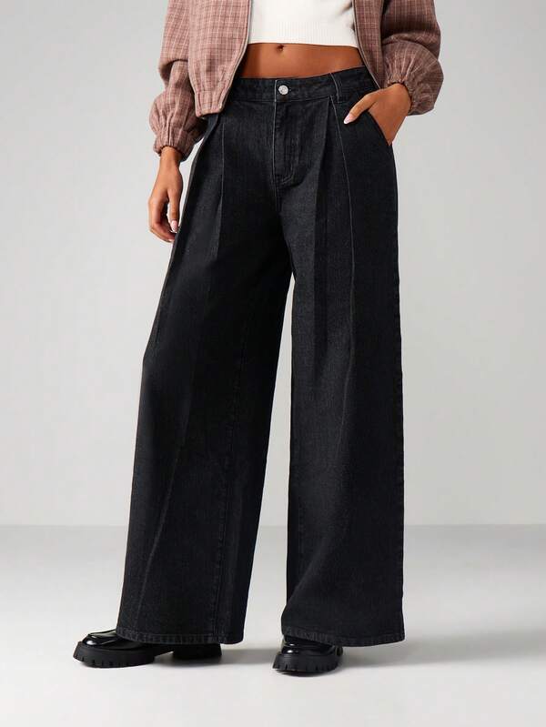 MISSGUIDED High Waisted Pleated Wide Leg Jeans