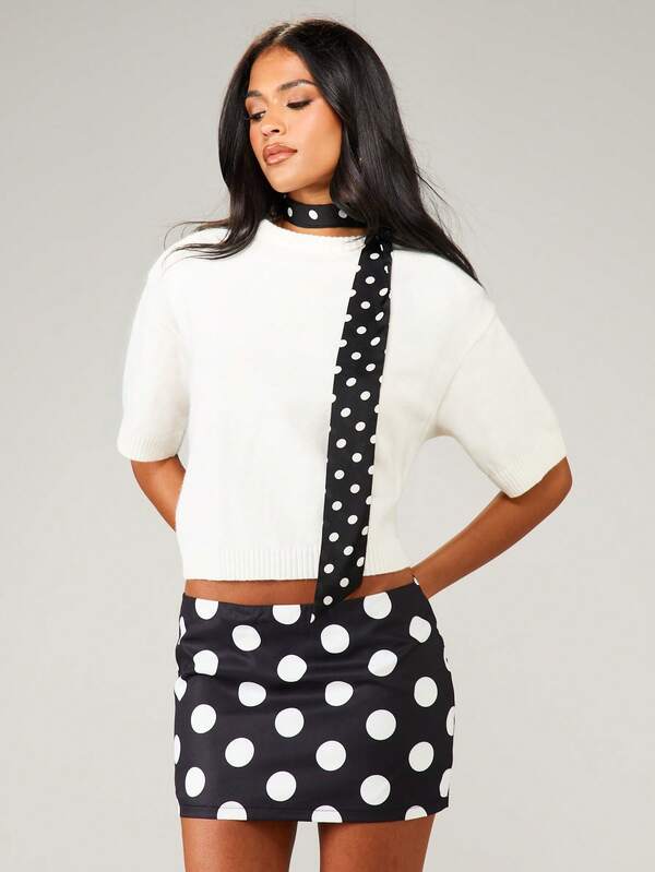 MISSGUIDED High Waisted Polka Dot Mini Skirt With Scarf