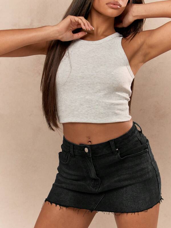 MISSGUIDED High Waisted Raw Hem Distressed Denim Mini Skirt