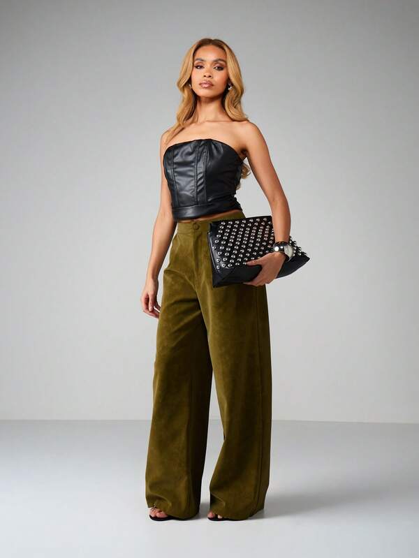 MISSGUIDED High Waisted Suede Wide Leg Trousers