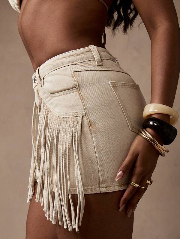 MISSGUIDED High Waisted Western Boho Fringe Denim Mini Skirt