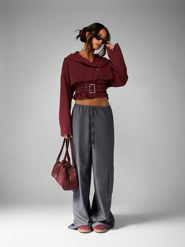 MISSGUIDED Hooded Double Breasted Cropped Trench With Belt
