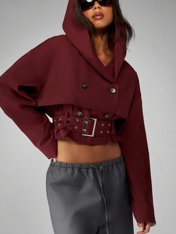 MISSGUIDED Hooded Double Breasted Cropped Trench With Belt