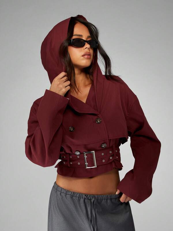 MISSGUIDED Hooded Double Breasted Cropped Trench With Belt