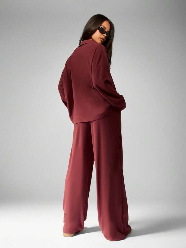 MISSGUIDED Hooded Half Zip Top With Wide Leg Palazzo Pants