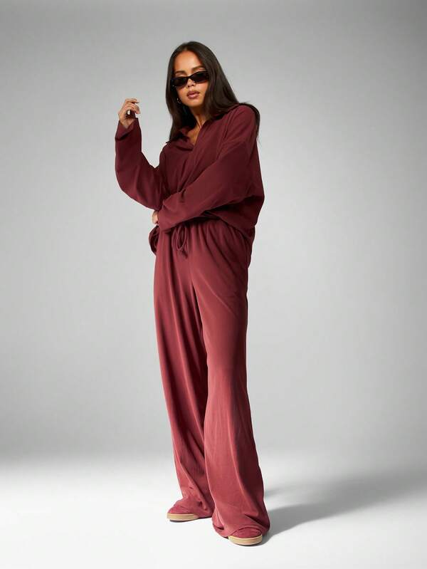 MISSGUIDED Hooded Half Zip Top With Wide Leg Palazzo Pants