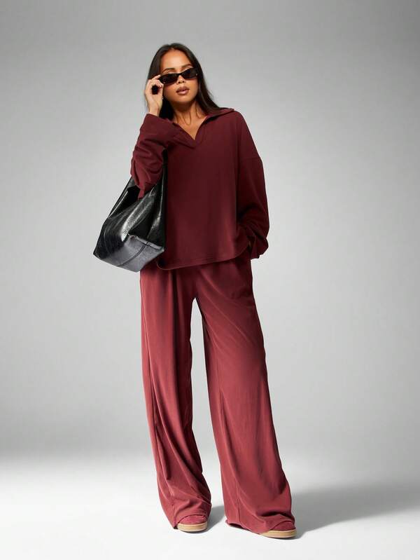 MISSGUIDED Hooded Half Zip Top With Wide Leg Palazzo Pants