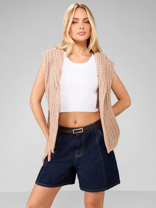 MISSGUIDED Hooded Knit Sleeveless Open Front Cardigan