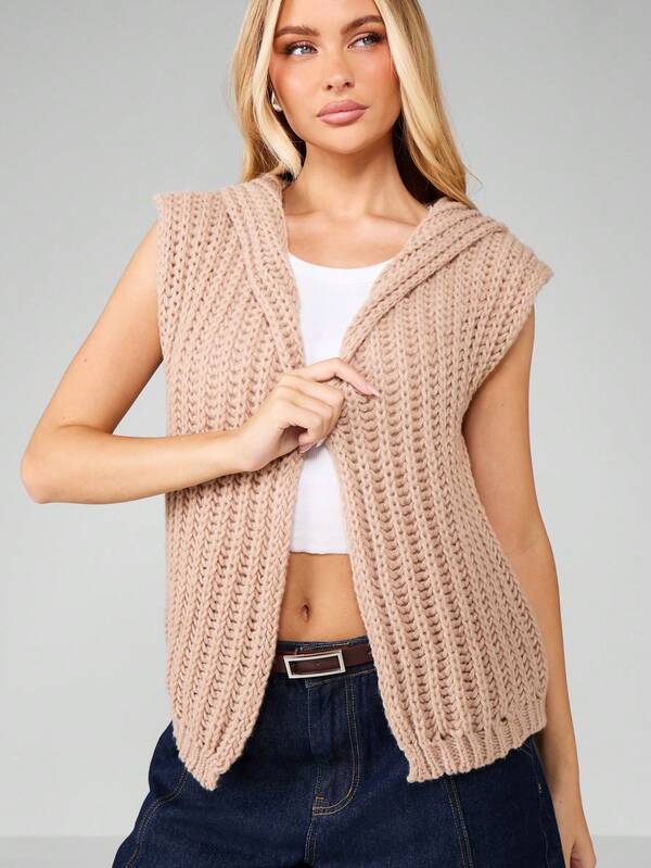 MISSGUIDED Hooded Knit Sleeveless Open Front Cardigan
