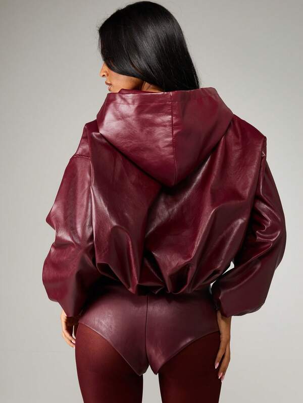 MISSGUIDED Hooded Leather Bomber Jacket With Puff Sleeves