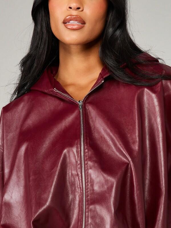 MISSGUIDED Hooded Leather Bomber Jacket With Puff Sleeves