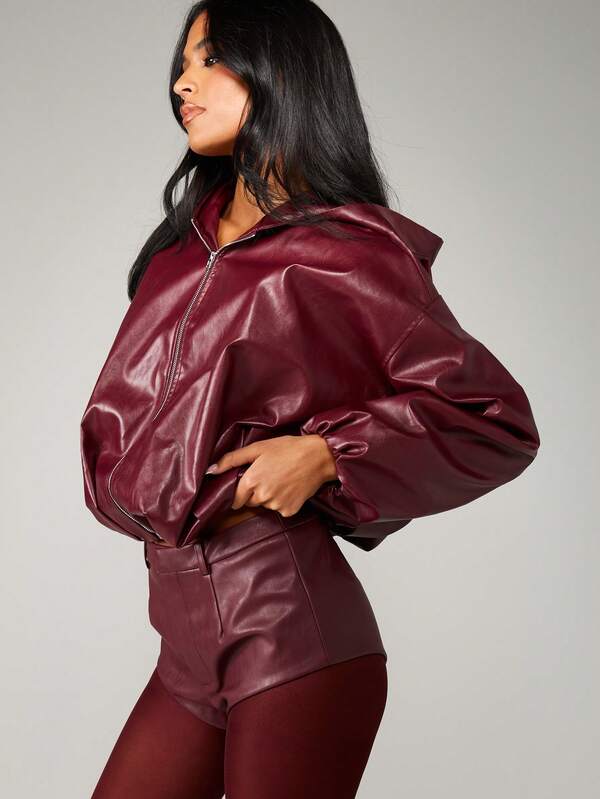 MISSGUIDED Hooded Leather Bomber Jacket With Puff Sleeves