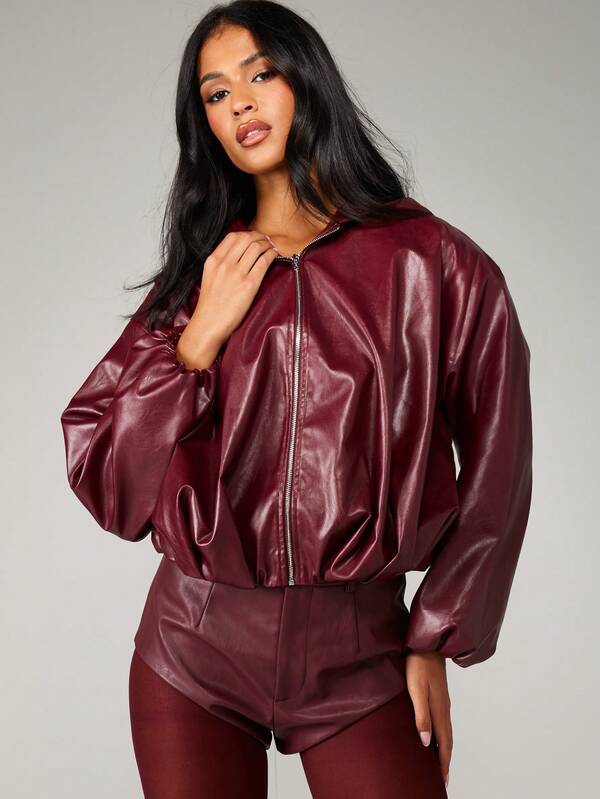 MISSGUIDED Hooded Leather Bomber Jacket With Puff Sleeves