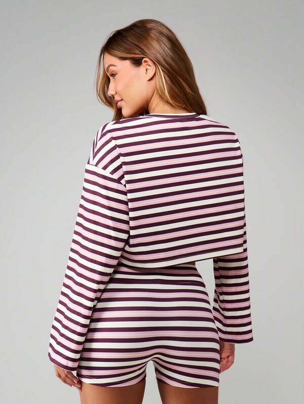 MISSGUIDED Horizontal Striped Cropped Top And Mini Shorts Set