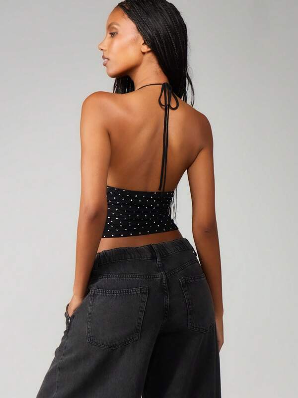MISSGUIDED Hot Fix Mesh Halter Top With Polka Dots
