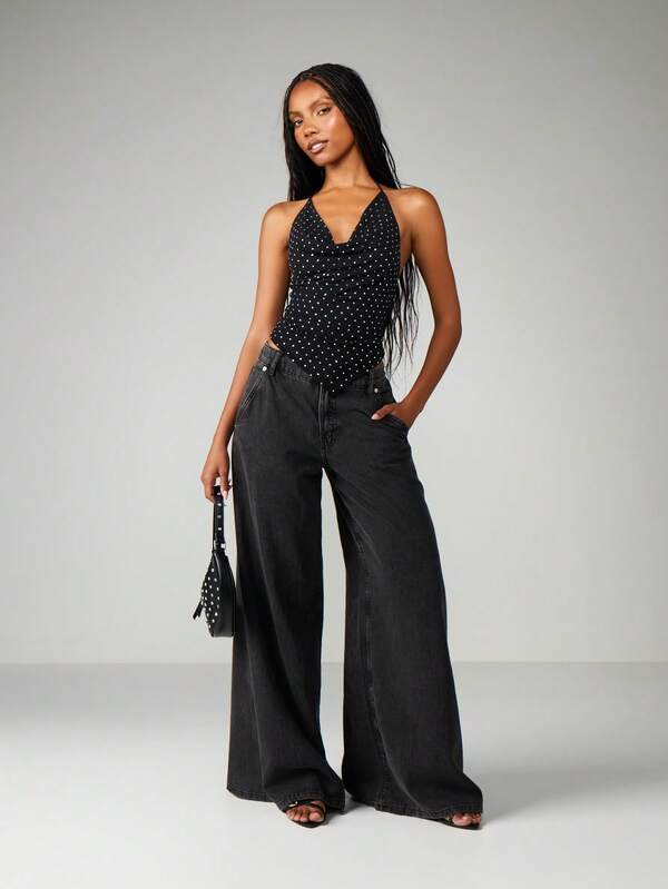 MISSGUIDED Hot Fix Mesh Halter Top With Polka Dots