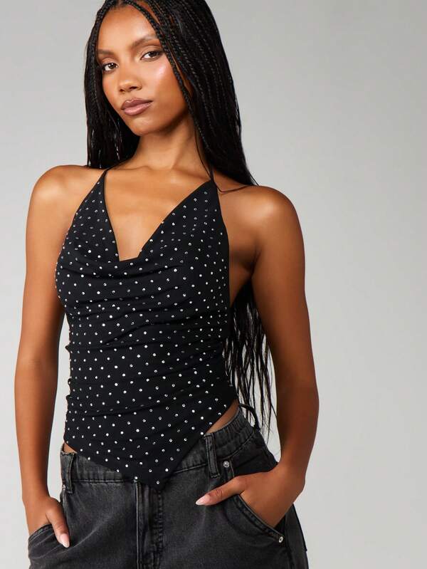 MISSGUIDED Hot Fix Mesh Halter Top With Polka Dots